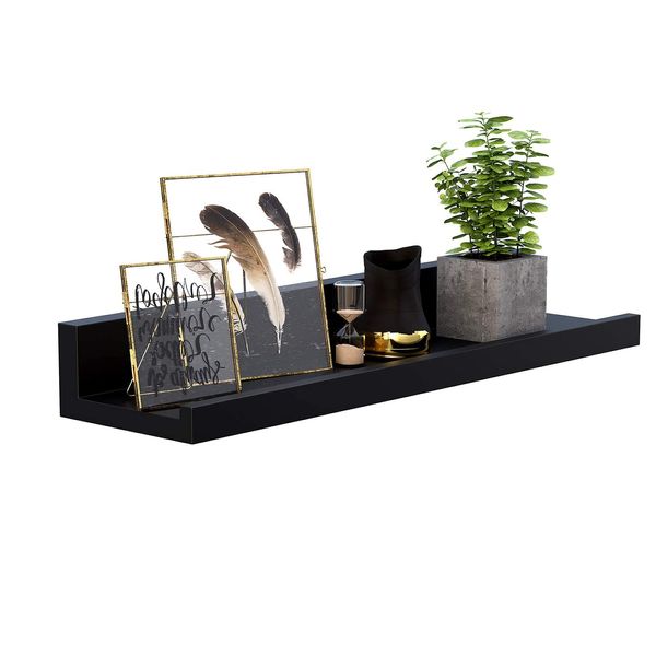 YTK 1-Tier Wall Shelves Natural Wood Wall Shelves U-Shaped Non-Slip Decorative Shelf Pine Wood Storage Wall Shelf (Black, 30cm)