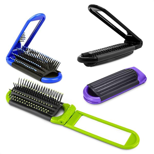 Pack of 4 Portable Folding Hair Brush with Mirror Compact Pocket Hair Compact Anti-static Hair Comb - Hair Styling Tools Pocket Size for Travel Car Gym Bag Purse-Black