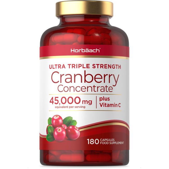 Cranberry Capsules 45,000 mg | High Strength Cranberry Extract with Vitamin C | 180 Powder Capsules | Supplement for Women & Men | Horbaach