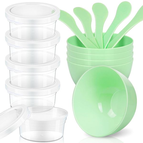 LEOBRO 5pcs 4.5 oz Plastic Boxes, 5pcs Mixing Bowls, 5pcs Mixing Spoons, DIY Craft Tools