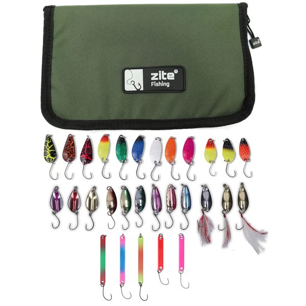 Zite Fishing Spoons Trout Bait Set - Trout Stick Spoon Trout Blinker Metallic Neon UV Active + Ultra Light Fishing Lure Trout Bait Folder
