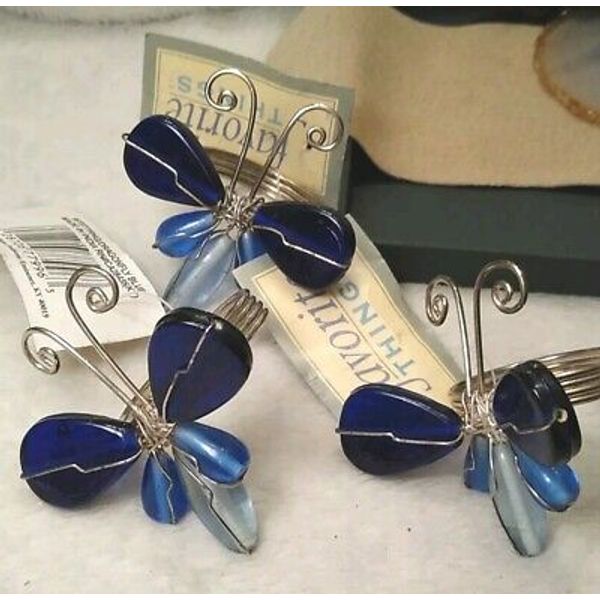 FAVORITE THINGS Brand Blue Tones Glass Butterfly Theme Napkin Rings Set of (3)!