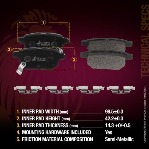 Metrix Premium Chassis Parts - Rear Semi-Metallic Disc Brake Pad Set D1354 Fits Lexus CT200h, Scion iM, tC, xB Toyota Corolla iM, Prius, Prius Plug-In, Matrix, Pontiac Vibe, Made in Europe