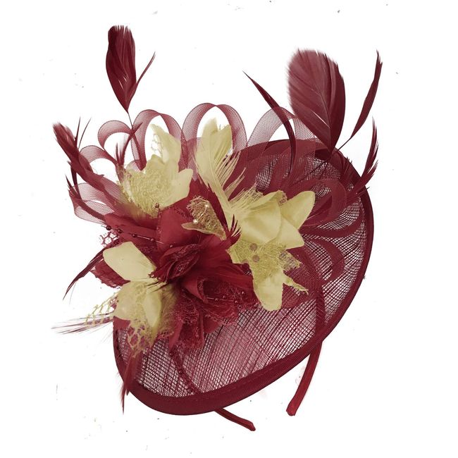 Caprilite Burgundy Dark Red and Beige Sinamay Disc Saucer Fascinator Hat for Women Weddings Headband