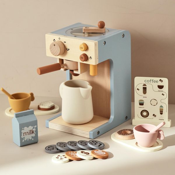 EERKEOD Toy Coffee Maker for Kids Wooden Kids Coffee Maker Playset for Toddlers Play Kitchen Accessories Gift for Girls and Boys