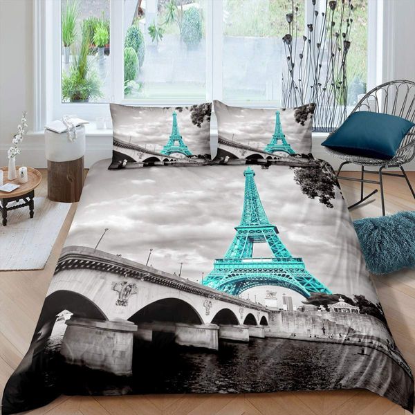 Eiffel Tower Duvet Cover Set Girls Chic Teal Paris Theme Bedding Set for Kids Teens Women Bedroom Decor Paris Cityscape Printed Comforter Cover Microfiber Modern French Style Bedspread Cover Full