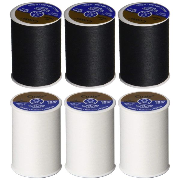 6 Pack Bundle - (3 Black + 3 White) - Coats & Clark Dual Duty All-Purpose Thread - Three 400 Yard Spools each of BLACK & White