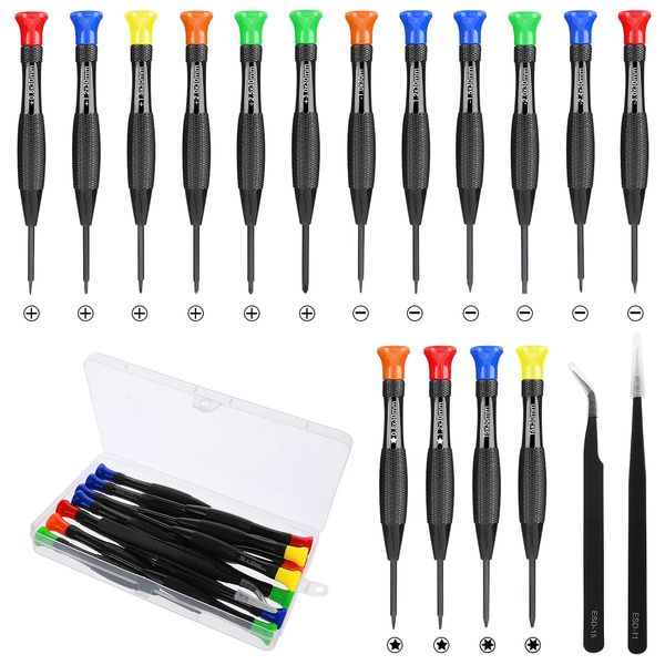 18Pcs Mini Screwdriver Set, Small Magnetic Watch Screwdriver Set, Micro Slotted Phillips Torx Star Screwdrivers Set and Tweezers in Different Size for Watch,Glasses, Phone, Laptop