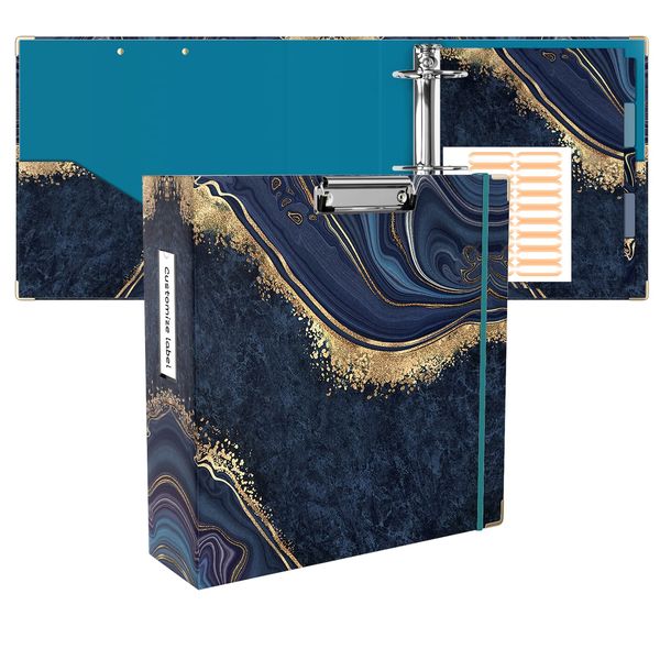 Ospelelf 3 Ring Binder 3 Inch, Cute Binder for Letter Size (11" x 8.5") with 5 Tab Dividers, File Folder Labels and Low Profile Clipboards, Blue Marble Binder for School Supplies and Office Supplies