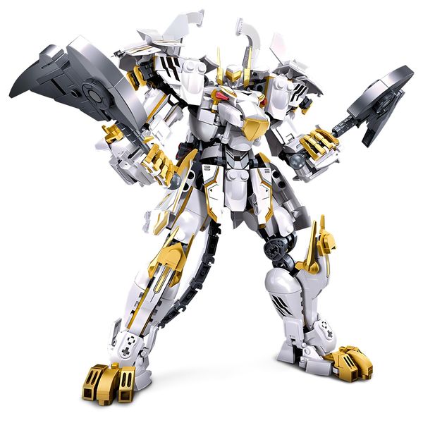 HIGH GODO Mech Robot Building Blocks Set for Adults, Flexible Cool White Tiger Warrior Model Kit with Two-Handed Axes Weapon Toy Playset, 679 pcs Creative Mythical Ninja Gifts for Man Boys Ages 12-14