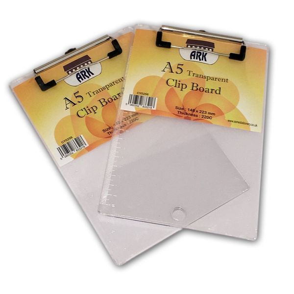 2 x A5 Translucent Plastic Clipboard -Tinted Clear Clip Board (223 x 148mm) by ARK