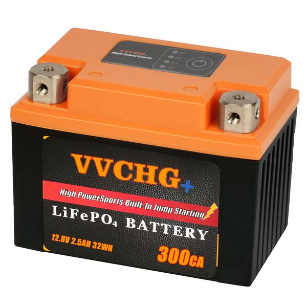 VVCHG+ Motorcycle Battery 12V LiFePO4 with Smart BMS, YTX7A-BS/YTX9-BS/YT12A-BS/YTZ14S-BS for ATV, UTV, JetSki, 4 Wheeler, Mowers, Tractor, Scooter, Motorboat, Generator Lithium Battery (2.5AH)