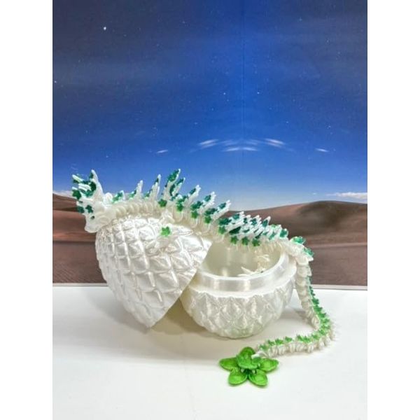 3D Printed Cherry Blossom Dragon with Dragon Egg, 12" Articulated White and Yellow Green Cherry Blossom Dragon, Home Decor Executive Desk Toys,Fidget Toys for Autism/ADHD D055-WE