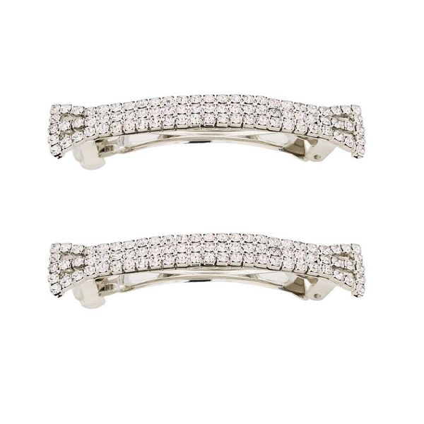 2PCS Three Row Rhinestone Crystal Hair Barrette Bling Silver Hair Clips Metal Spring Hair Grip Claws French Design Bridal Fashion Bow Prong Hairpin for Girls Women 2.7 Length