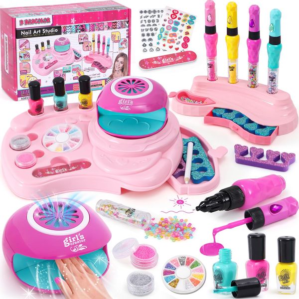 B Bascolor Kids Nail Polish Set for Girls Toy, Nail Art Kit - 3-in-1 Nail Pen/ Nail Dryer/ Nail Polish/ 2 Storage Base, Nail Kit for Girls Ages 7-12, Kid Manicure Nails Kit Birthday Girl Gift age 3-12