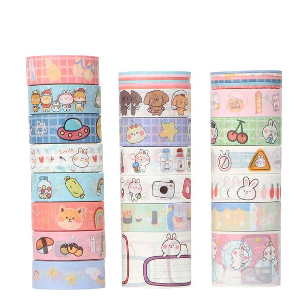 LGEGE Japanisches Cartoon Washi Tape Set, 20 Rollen – 30/15 mm breit, niedliches Kaninchen, Bär, Katze, Banane, Blumenelement-Dekor für Kawaii-Schreibwaren, Scrapbooking-Zubehör, Bullet-Tagebuch