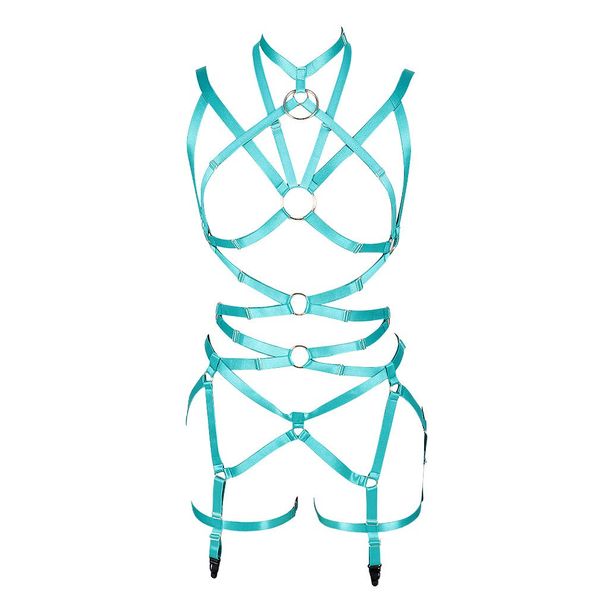 BANSSGOTH Women's Full Body Harness Bra Lingerie cage Set Leg Garter Belt Chest Strap Festival Rave Punk Gothic (Jade Green)