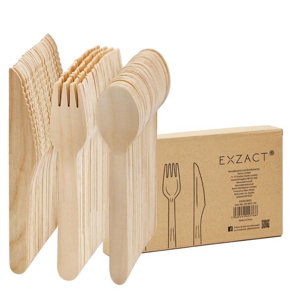 EXZACT Disposable Wooden Cutlery 150 Pieces - Party Forks Knives & Spoons, Camping, Travel and BBQ