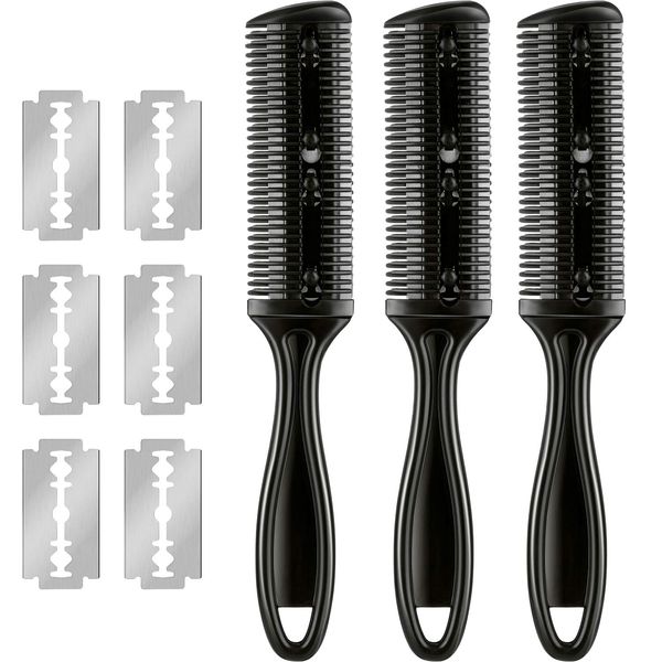 3 Pieces Razor Comb with 10 Pieces Razors, Hair Cutter Comb Cutting Scissors, Double Edge Razor, Hair Thinning Comb Slim Haircuts Cutting Tool (Black)