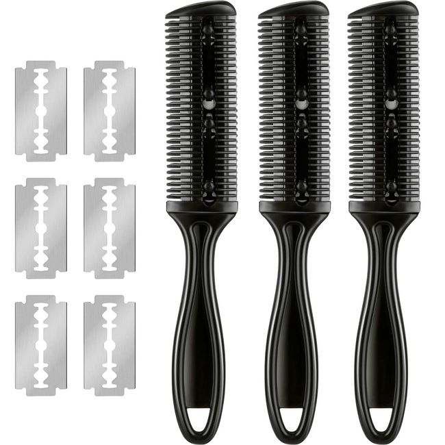 3 Pieces Razor Comb with 10 Pieces Razors, Hair Cutter Comb Cutting Scissors, Double Edge Razor, Hair Thinning Comb Slim Haircuts Cutting Tool (Black)