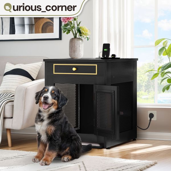 25" Small Dog Kennel Pet Crate Wood Cage Modern Home USB Ports Washable Tray Mat