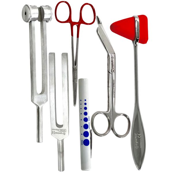 REFLEX HAMMER DIAGNOSTIC SET REUSABLE PENLIGHT TUNING FORKS SCISSORS 6PCS GERMAN