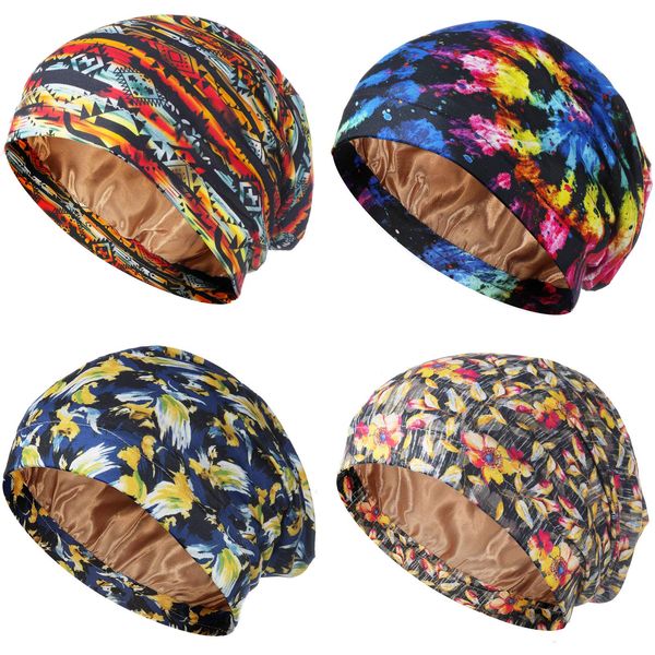 4 Pieces Satin Lined Sleep Cap Double Layer Silk Sleeping Bonnet Slouchy Beanie Slap Hat for Women Curly Hair (Orange, Blue Leaves, Orange Grid, Black Spiral)