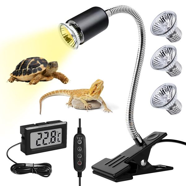 BORDEAG Schildkröte Wärmelampe, 50W Wärmelampe Schildkröten, Reptilien Terrarium Lampe Mit 3 UVA UVB-Glühbirnen, Wärmespotlampe Für Aquarium Reptil Mit Thermometer, Wärmelampe Terrarium Für Reptil