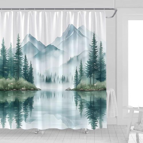 UOZXOML Green Misty Forest Shower Curtain Abstract Foggy Jungle Watercolor Pine Woods Tree Mountain Lake Natural Scenery Landscape Fabric Bathroom Decor Curtains with Hooks,70 x 70