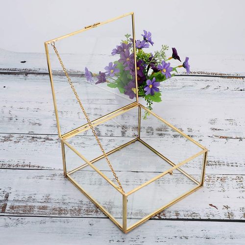 Hipiwe Vintage Glass Jewelry Organizer Box, Golden Metal Keepsake Box Desktop Jewelry Organizer Holder, Wedding Birthday Gift, Square Vanity Decorative Box for Dresser,Bathroom (Gold, Large)