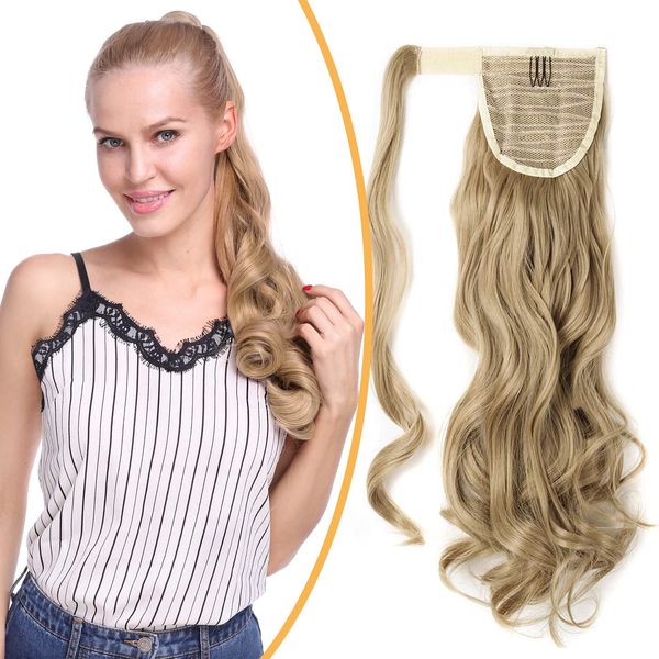 17inch Wrap Around Ponytail Extensions Synthetic Hairpiece Clip in One Piece Pony Tail Synthetic Curly Hairpieces -Ash Blond/Blond