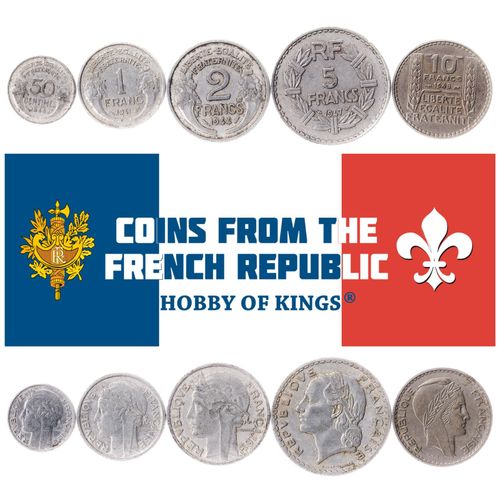 5 Coin Set from France | 50 Centimes 1 2 5 10 Francs | Cornucopia | Phrygian Cap | Circulated 1941 1944-1949