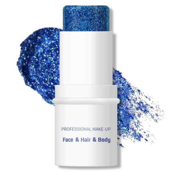 KYDA Body Glitter Stick, Chunky Glitter Gel for Face Body Hair, Sparkling Holographic Mermaid Sequins Paint, Waterproof Multiuse Makeup Glitter Gel, Blue