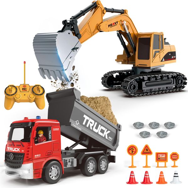 RC Construction-Vehicle Toy Set,Remote-Control-Excavator & Friction-Powered Dump-Truck with Realistic Lights and Sounds for Imaginative Play,Christmas Birthday Gifts for Toddlers Boys Girls Ages 3-12+