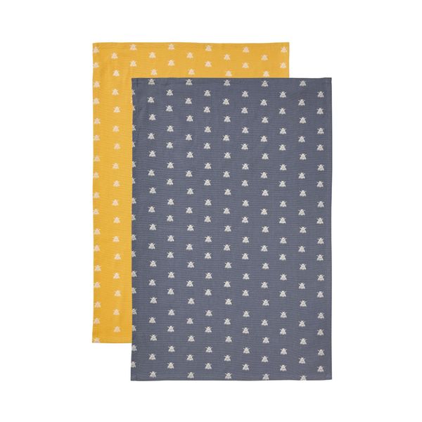 Ulster Weavers Bees Tea Towels - Set of 2, Made from 100% Cotton - With Modern Navy Bee Insect Print Design, Yellow Trimming - Kitchen and Cooking Gifts for Bakers & Chefs - Kitchenware Range