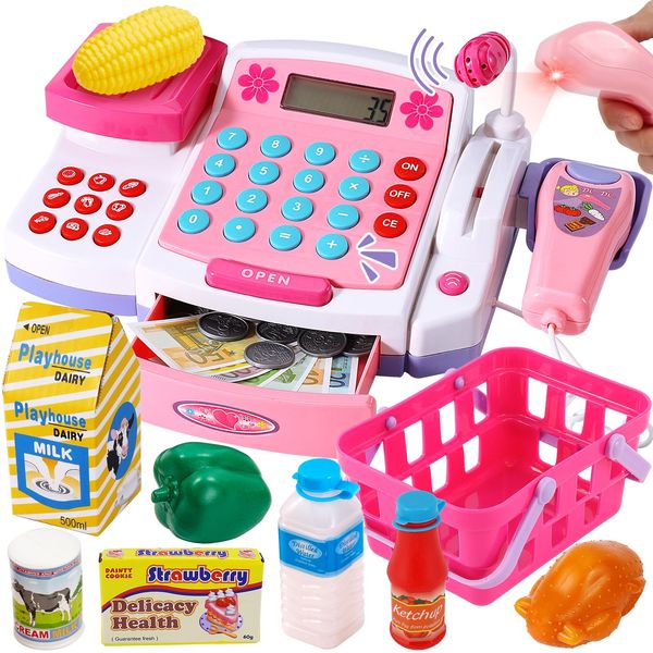 BUYGER Kids Shopping Toy Till for Kids, Childs Play Till with Scanner and Microphone Electric Calculator Weigh Play Food Set Accessories, Children Cashier Till Role Play Gifts for Age 3 4 5 Year Old