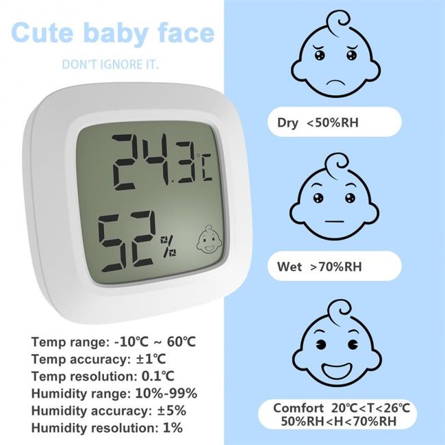 Electronic Thermo-Hygrometer with Face Icon LCD Digital Display Temperature  Humidity Monitor Built-in 2032 Button Battery