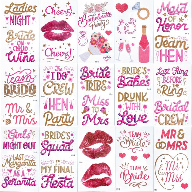 Esland Temporäre Glitzer-Bachelorette-Tattoos – 30 Blatt bunt glänzende Brautparty-Party-Dekorationen, Brautjungfern-Tattoo-Aufkleber