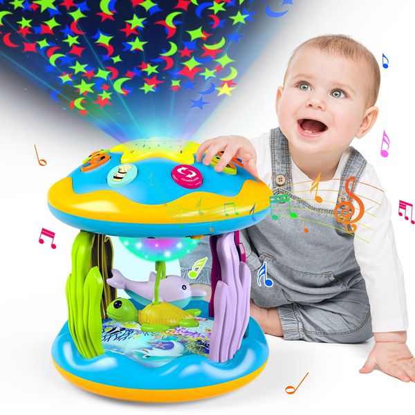 Baby Toys 6 to 12 Months, 4 in 1 Musical Rotating Projector, Tummy Time Light Up Infant Toys for 6-9 12-18 Months, Learning Toy Birthday Gifts for Baby Toddlers 1 2 3 Years Old Boys & Girls