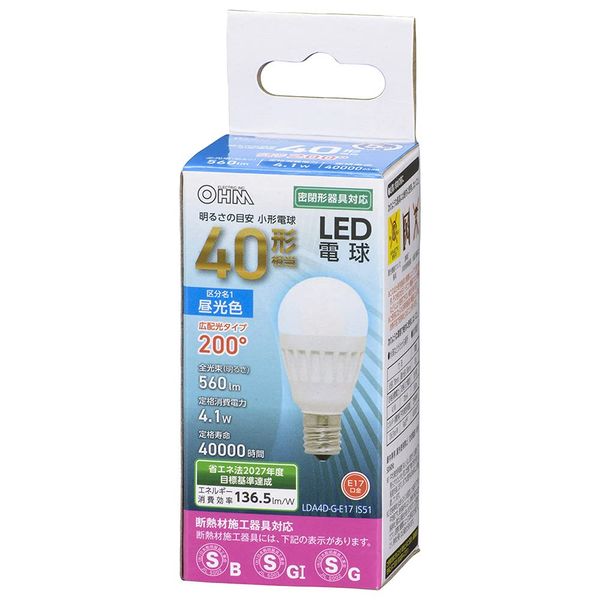 Ohm Electric LDA4D-G-E17 IS51 06-4476 OHM LED Light Bulb, Small, Equivalent to 40, Daylight