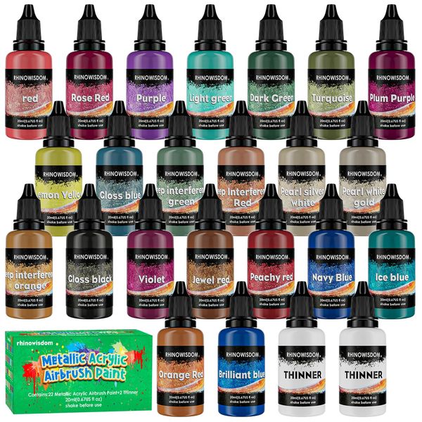 2024 New Metallic Acrylic Airbrush Paint - 22 Colors with 2 Thinner Airbrush Paint Set (0.67 oz), Water Based Acrylic Air Brush Paint for Metal, Plastic Models, Canvas, Wood (22 colors+2 thinner)