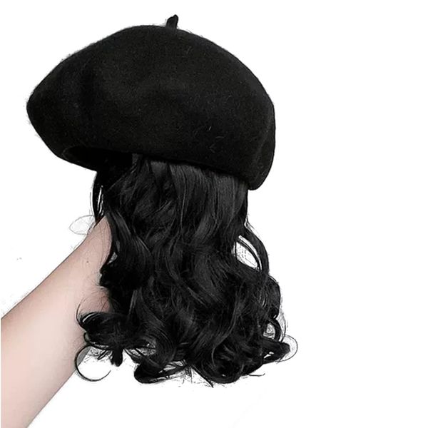 Long Beret Hat with Hat, Wig with Hat, Wig, Hat with Hat, Hat, Solid, Women's Bucket Hat, Shot Wrap, Small Face Effect, Simple, Everyday Commuting (Black)