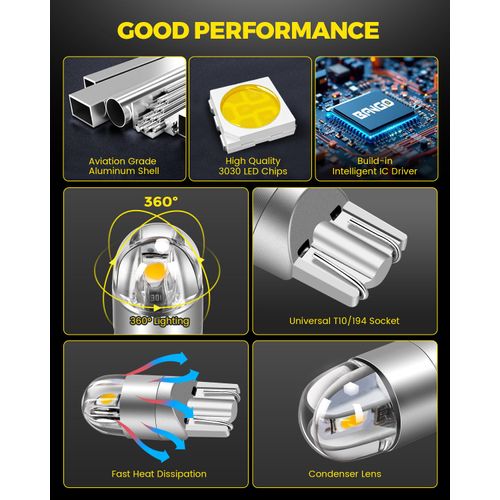 BANGO 194 LED Bulb for License Plate Light Super Bright 168 T10 2825 W5W LED Replacement Bulbs for Car Interior Dome Map Door Courtesy Trunk Side Marker Lights, Warm White (Pack of 10)