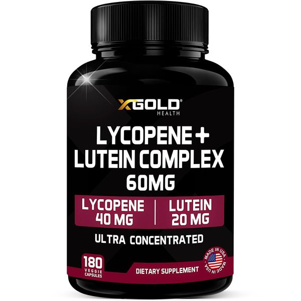 Lycopene + Lutein Supplement 60mg | Lycopene 40mg from Tomato & Lutein 20mg from Marigold Extract - 2-in-1 Ultra-Concentrated Health Supplements | Non-GMO & Gluten Free - 180 Veggie Caps Made in USA