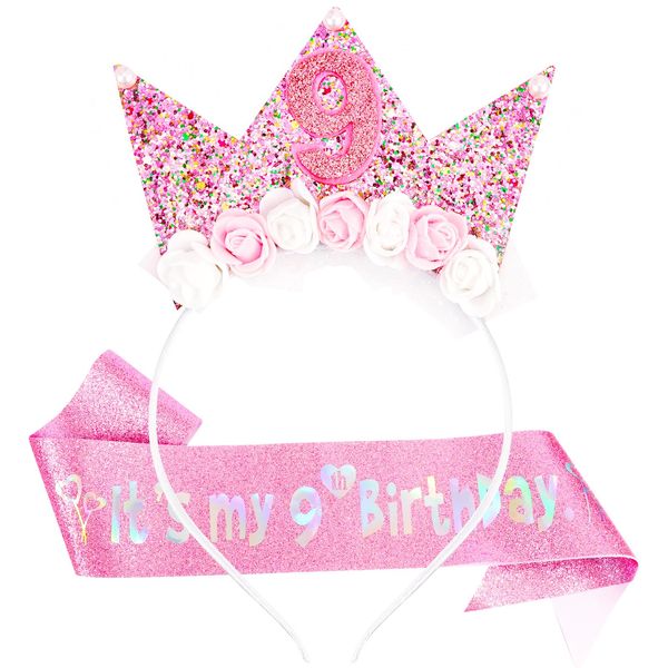 Vovii 9th Birthday Decorations for Girls, Birthday Girl Headband & Glitter Sash Set for 9 Year Old Girl Birthday Decorations, Birthday Flower Princess Crown Headband for Happy 9th Birthday Girl Outfit