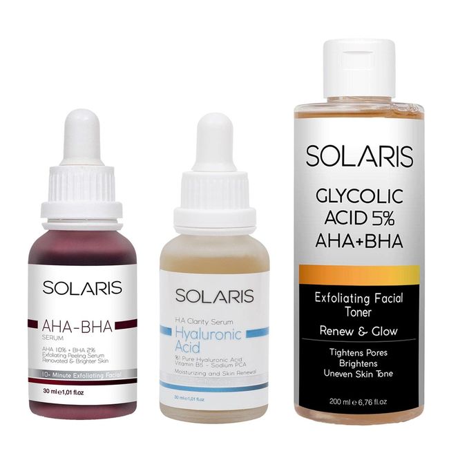 Solaris Cilt Tonu Eşitleyici Aha%10 + Bha%2 Serum 30 ml ve Hyaluronik Asit Serum 30 ml ve Gözenek Sıkılaştırıcı Aha Bha Tonik 200 ml