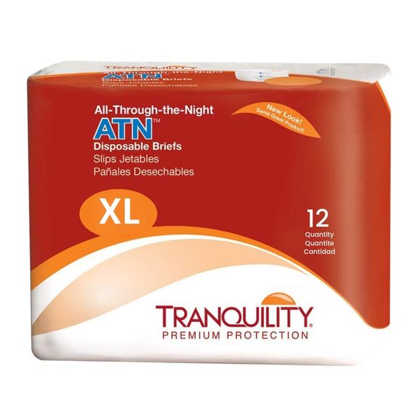 Tranquility ATN Adult Disposable Briefs, Refastenable Tabs with All-Through-The-Night Protection, XL (56 inch-64 inch) - 12ct (Pack of 1), White