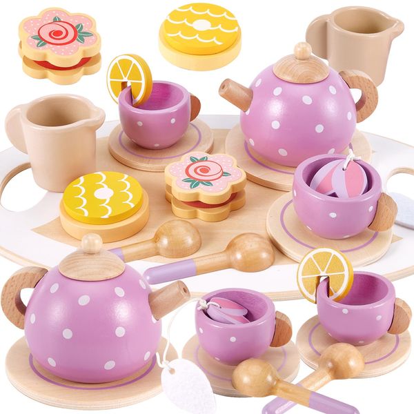 AOLEVA Kids Wooden Toy Tea Set for Toddlers Girls with Wooden Play Food Childs Children Afternoon Play Tea Set Kitchen Accessories Pretend Play for 3 4 5 Years Old