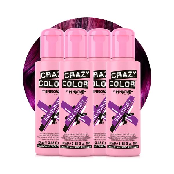 Crazy Color Vibrant Burgundy Semi-Permanent 4 Pack Quad Hair Dye. Highly Pigmented Purple Wine Conditioning & Oil Nourishing Vegan Formula No Bleach or Ammonia 400ml