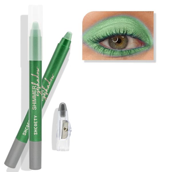 Green Eyeshadow Stick, Glitter Metallic Shimmer Eye Shadow Stick, Cream Waterproof Long Lasting High Pigmented Smoky Christmas Eye Make-Up Eyeshadow Crayon, With Sharpener